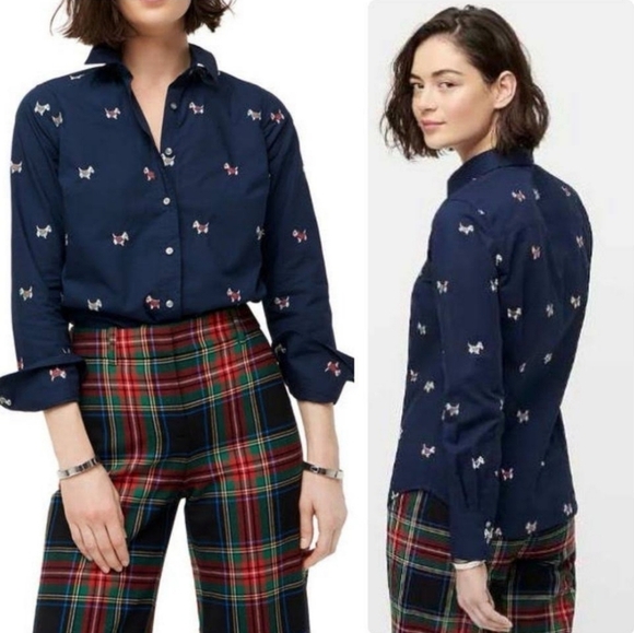 NWT J.crew Navy Blue Perfect Shirt with Embroidered Scottie Dogs Slim Fit 14 - Picture 4 of 10